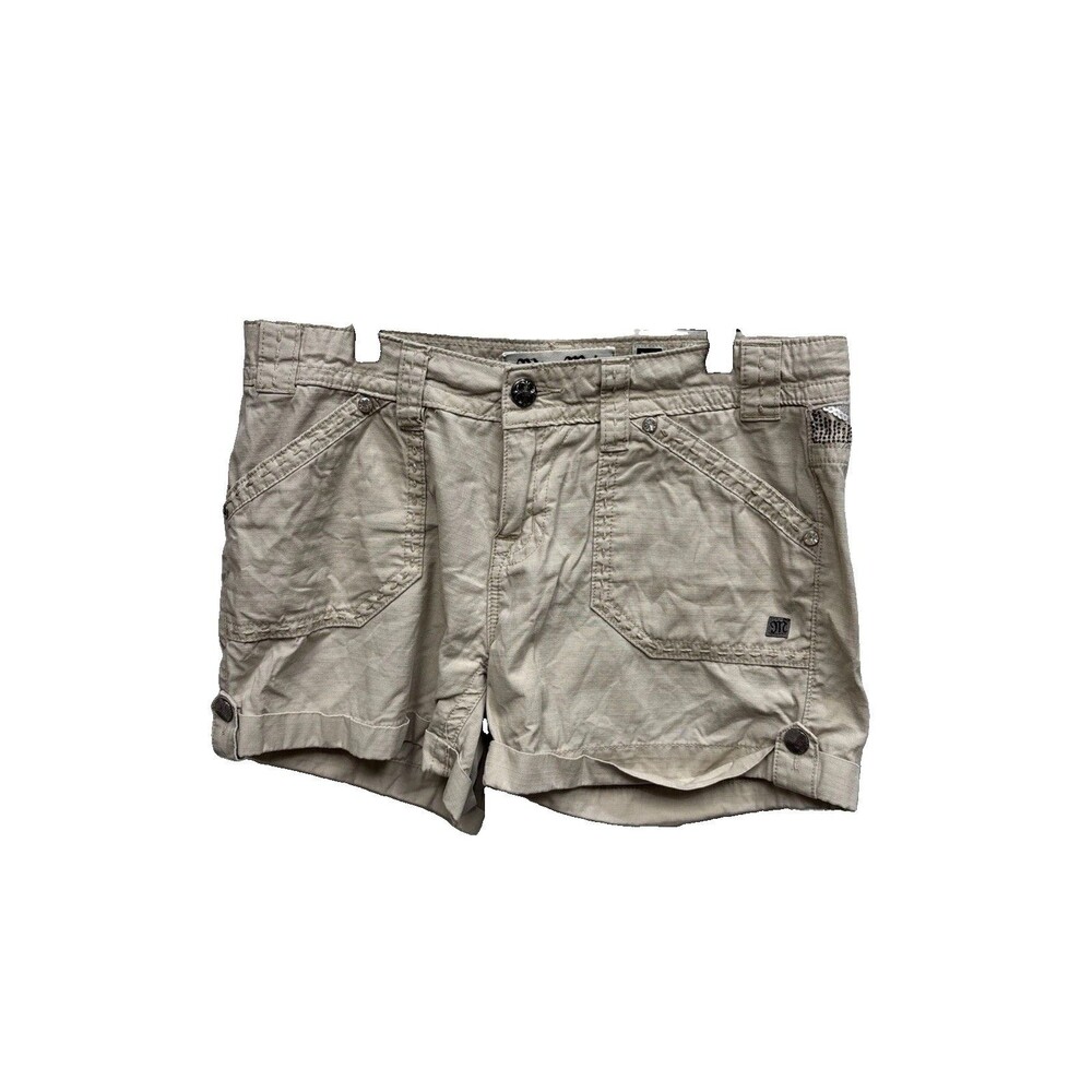 Miss Me Cargo Shorts cuffed Zip 28 Y2K embellished Button Rhinestones Sequin Tan